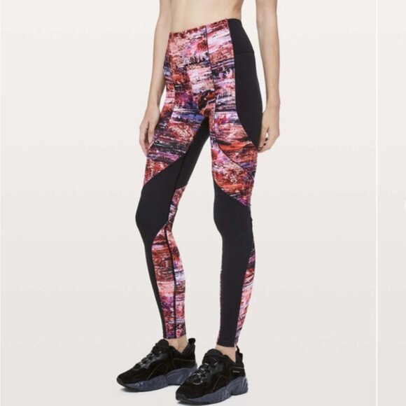 Lululemon Sweat & Repeat Black/Dahliascape Multicolored Leggings Size 10 - Picture 1 of 15